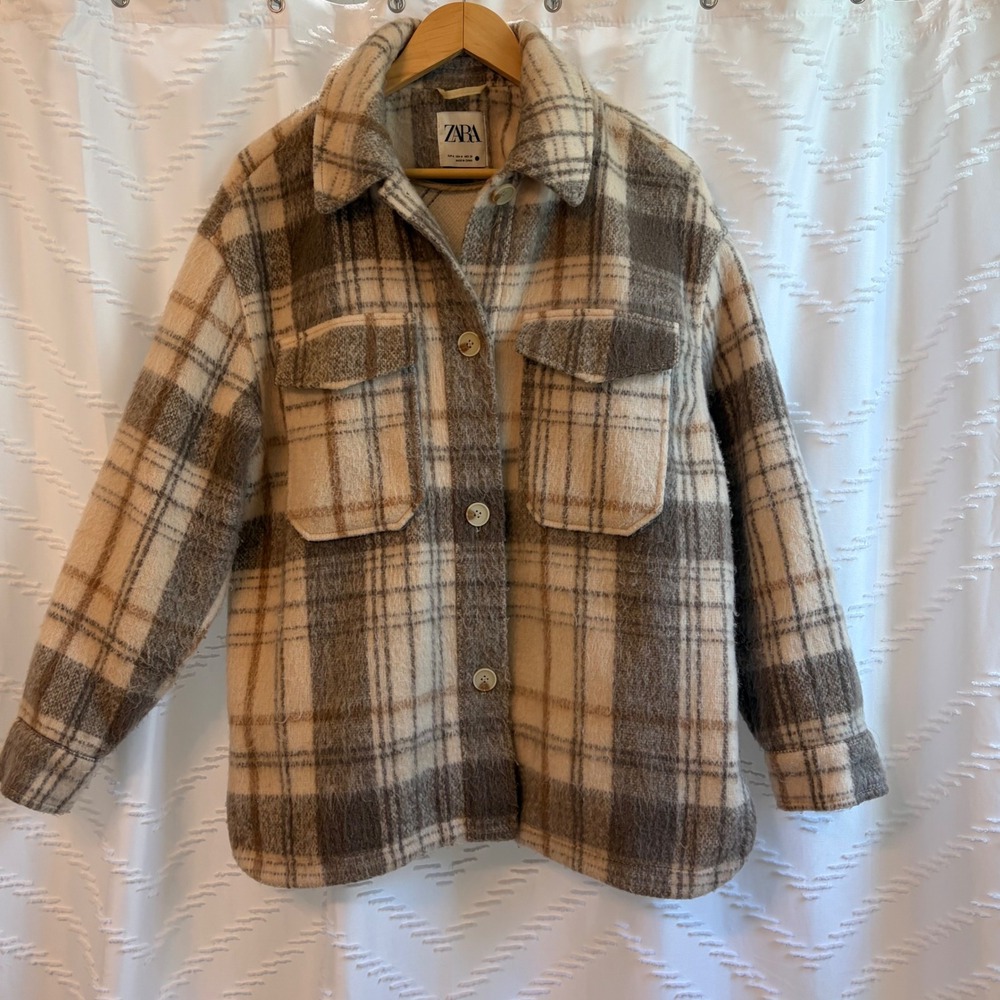 Zara Womens Brown Plaid Wool Blend Shacket Oversized Shirt Jacket Size Medium